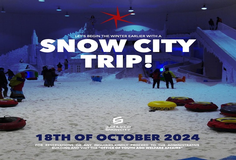 Get ready to kick off winter early with a Snow City adventure! Join us for an epic day of fun on October 18, 2024. Don’t miss out—visit the Office of Youth and Welfare Affairs to reserve your spot!